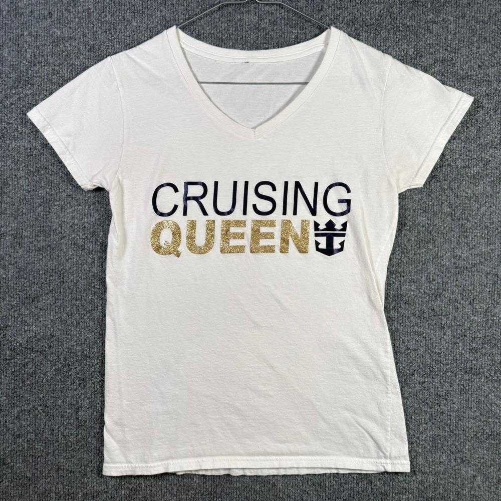 Royal Caribbean T-Shirt Women Medium White Cruising Queen Glitter V-Neck Graphic